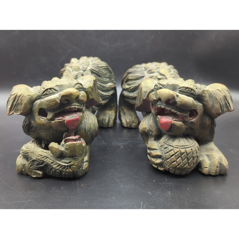Pair of Vintage Chinese Gold Gilt Wood Carved Foo Dogs - Picture 3 of 11